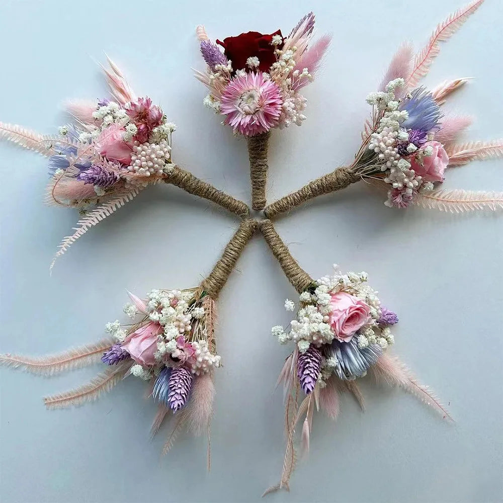 6pcs Mini Dried Flower Bouquet Bohemian Wedding Pampas Rabbit Tail Grass Bridesmaid Flowers Wedding Party Decoration Home Decor