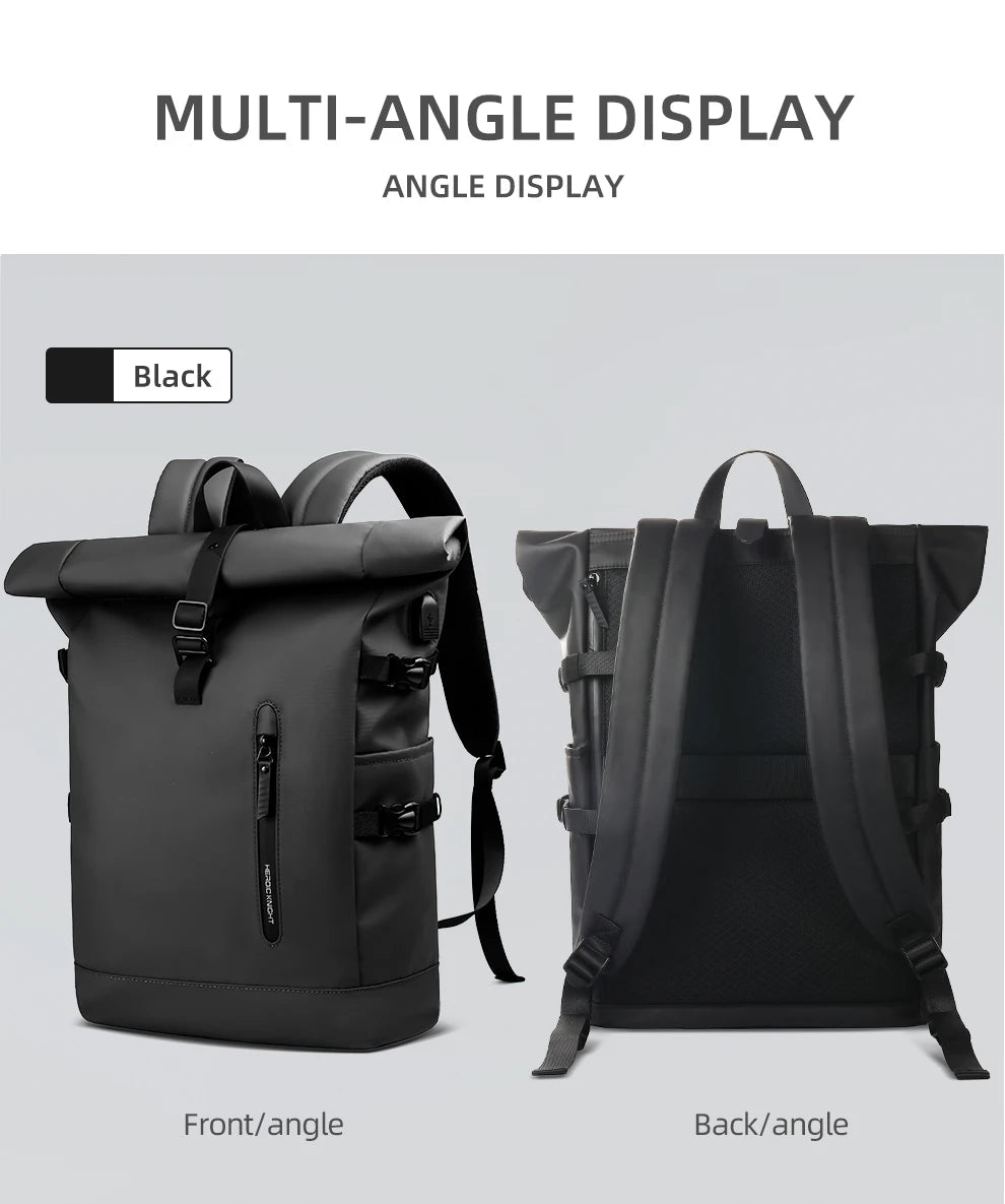 HK Expandable Waterproof Travel Backpack for Men Roll-Top Large Capacity 15.6 Inch Laptop Backpack with USB Hiking Camping Pack
