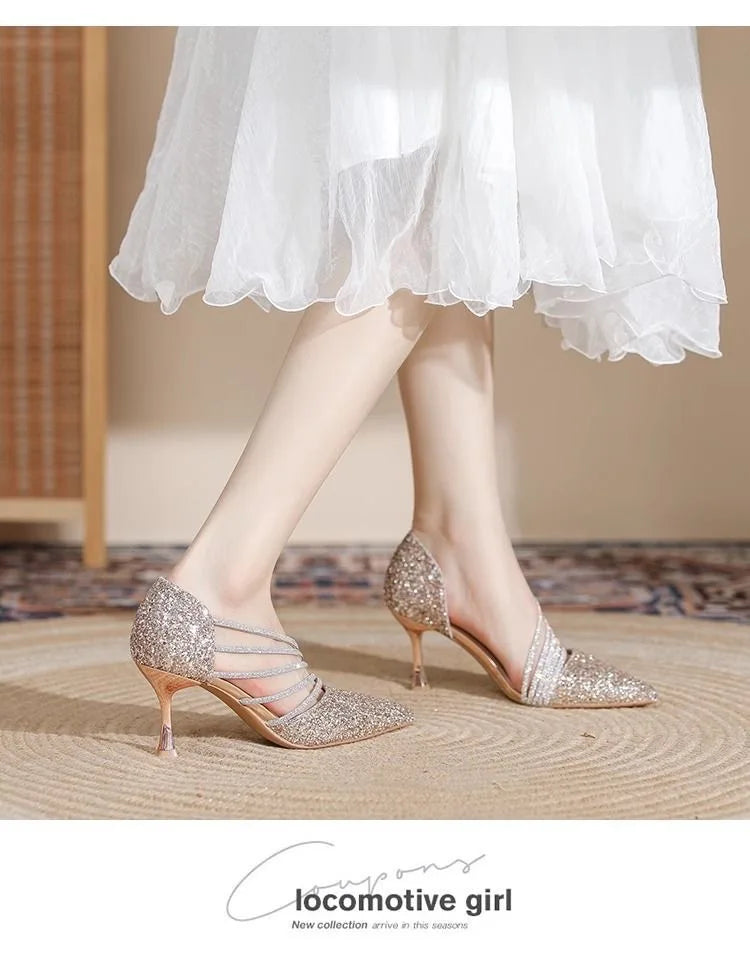 Sexy Pointed Toe Champagne Ladies High Heels New Shiny Crystal Wedding Bridal Shoes Simple and Elegant Women's Dress Shoes