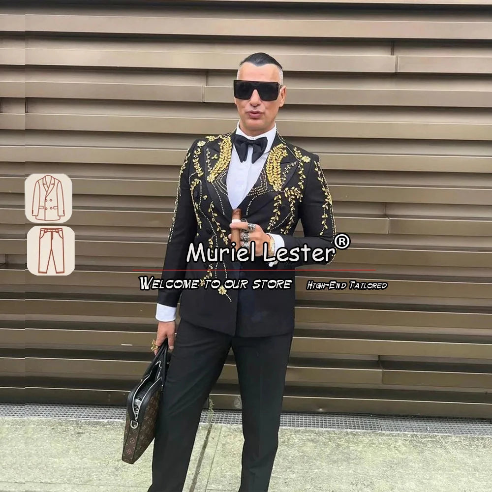 Formal Wedding Suits For Men Gold Beaded Jacket Plus Size Male Fashion Business Party Dress 2 Pieces Double Breasted Coat Pants