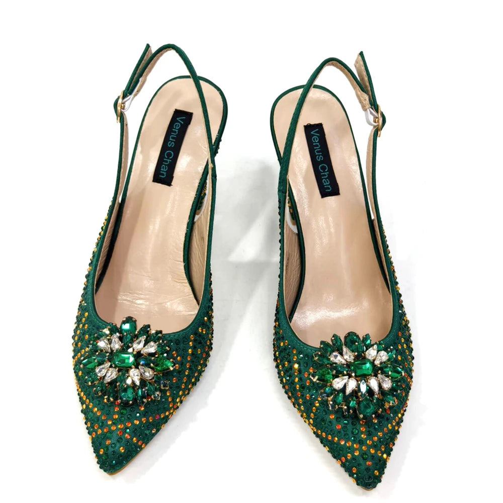 Venus Chan Nigerian Women Heel Party Ladies Italian Design Shoes And Bag Set Decorated with Rhinestone Handbag Wedding Party