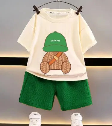 Summer Toddler Baby Boys Clothing Suit 2024 New Bear Backpack Printed T-shirt Top+Shorts Outfits Children's Clothing 2PCS Set