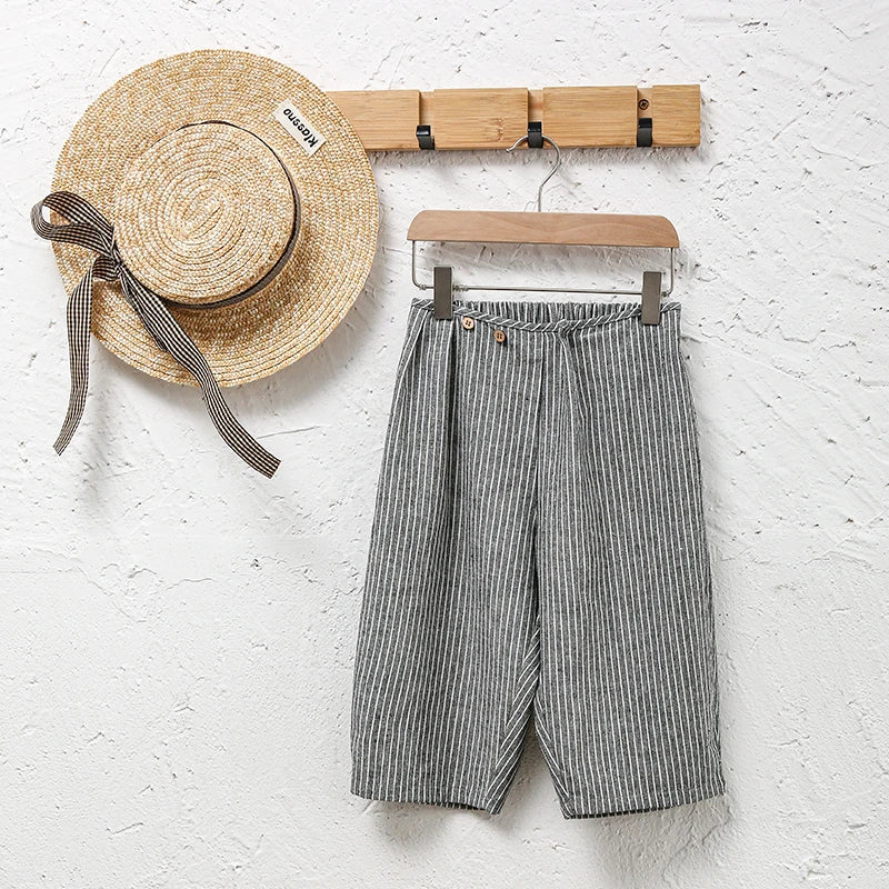 Children's Retro Striped Cotton And Linen Pant Spring Autumn New Japanese Boys And Girls Casual Loose Wide-Leg Pants WTP122