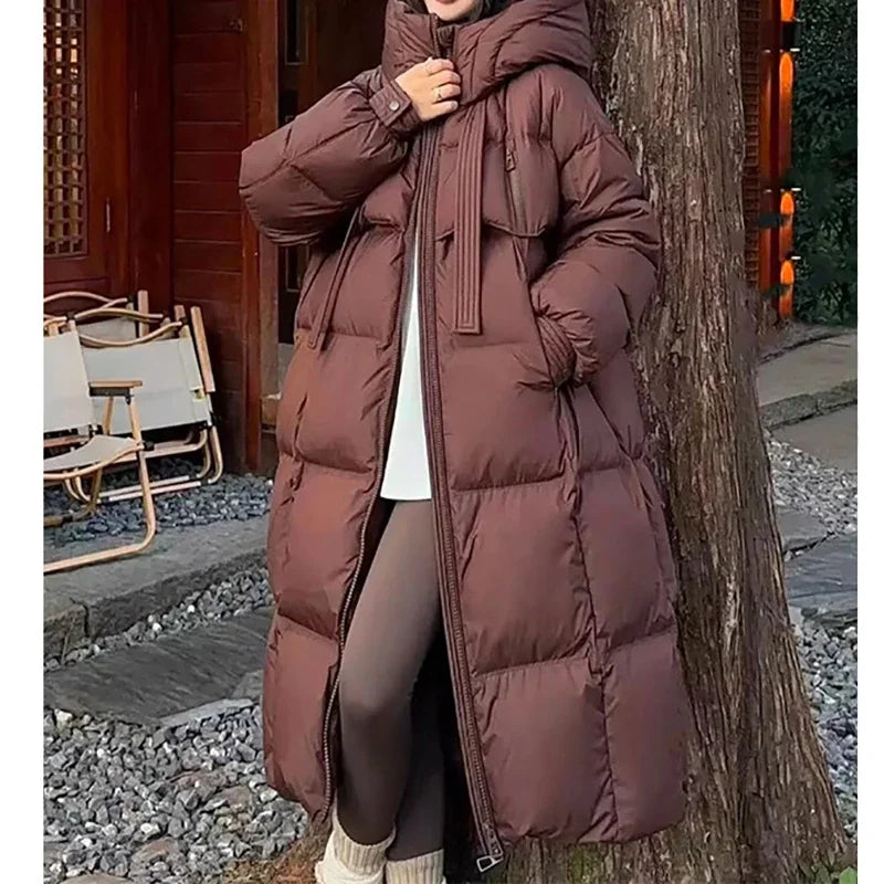 HELIAR Women Casual Thicken Warm Hooded Down Coat Long Sleeve Zipper Pocket Long Coat Lady Office Parkas Fall Winter Down Coat
