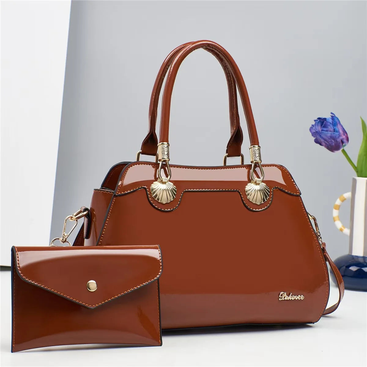 Bright Leather Top-handle Bag For Women Large Capacity Shoulder Bag with Clutch Handbag Purse, Female Shopping Messenger Tote