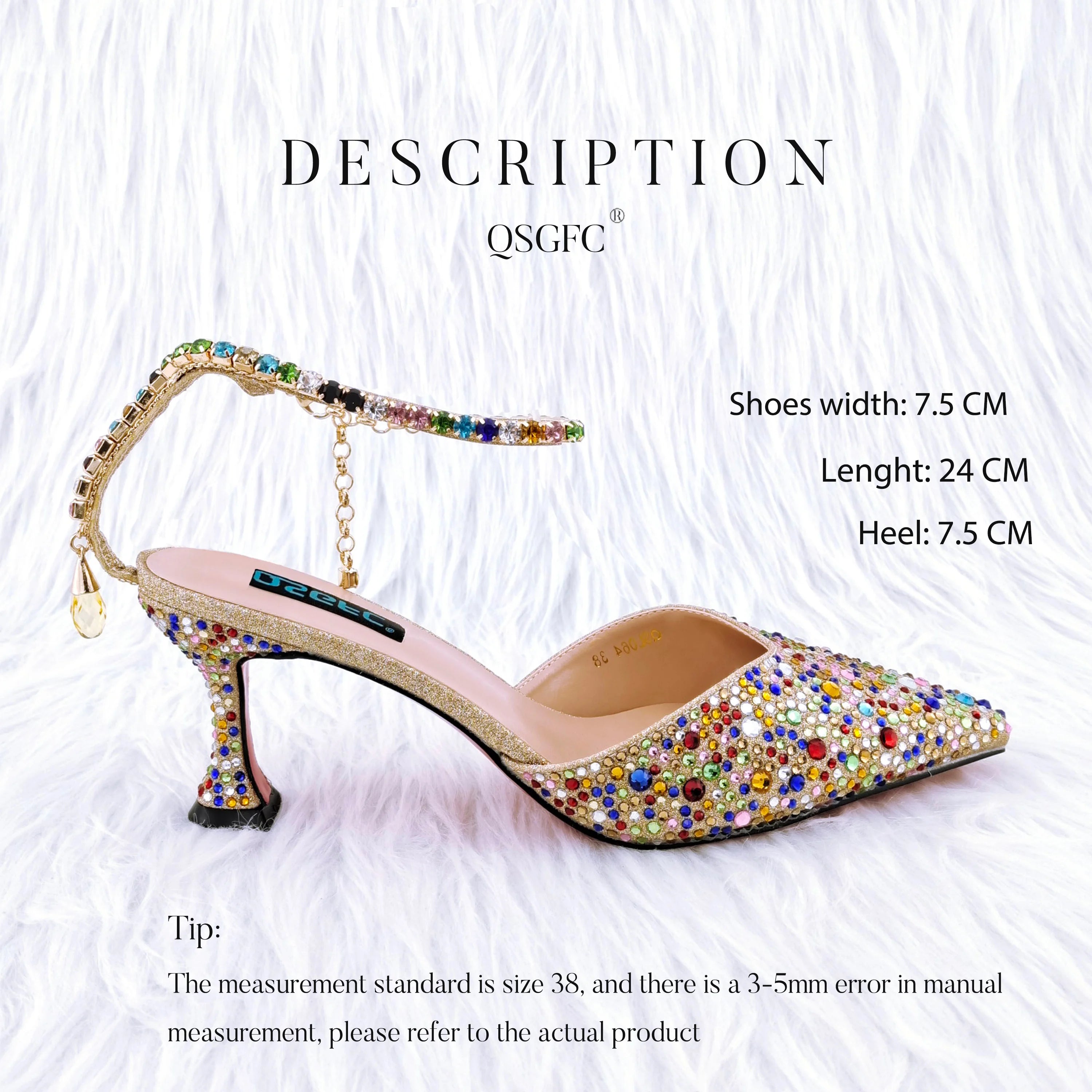 QSGFC New Gold Glitter Fabric Pointed Toe High Heels With A Variety Of Shapes Of Rhinestones Fashion Party Ladies Shoes And Bag