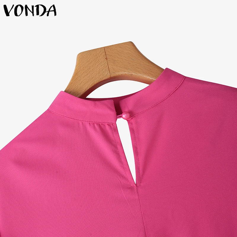 VONDA Plus Size Fashion Blouse Women Elegant OL Shirts Casual Hollow Out V Neck Solid Color Tunic Tops 3/4 Sleeve Blusas 5XL