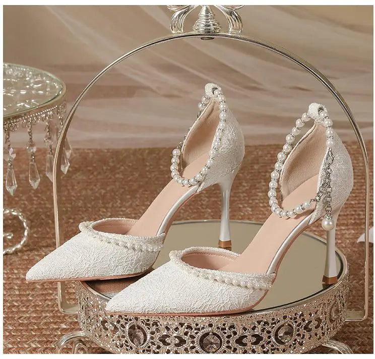 Size 30-44 Pearls Strap High Heels Lace Women White Wedding Shoes Stiletto Heel Point Toe Bride Bridesmaid