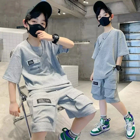 Summer Boys Sets Children Casual Clothing Suits Teenager Sports T-shirts Suits Big Kids Short Sleeves Tops+Shorts 2Pcs Outfits