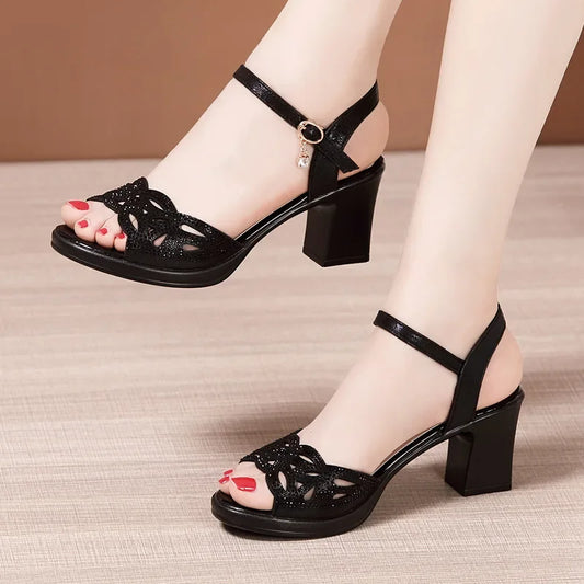 Small Size 32-43 Elegant Rhinestone Black Office Work Mom Shoes Women's Platform Sandals 2025 Summer Med Block Heels Sandals