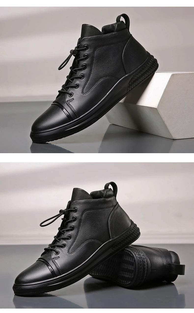 Genuine Leather Men's Casual Shoes Fashion High Top Sneakers Shoes Winter Wool Fur Warm Men Boots Outdoor Snow Non-Slip Footwear