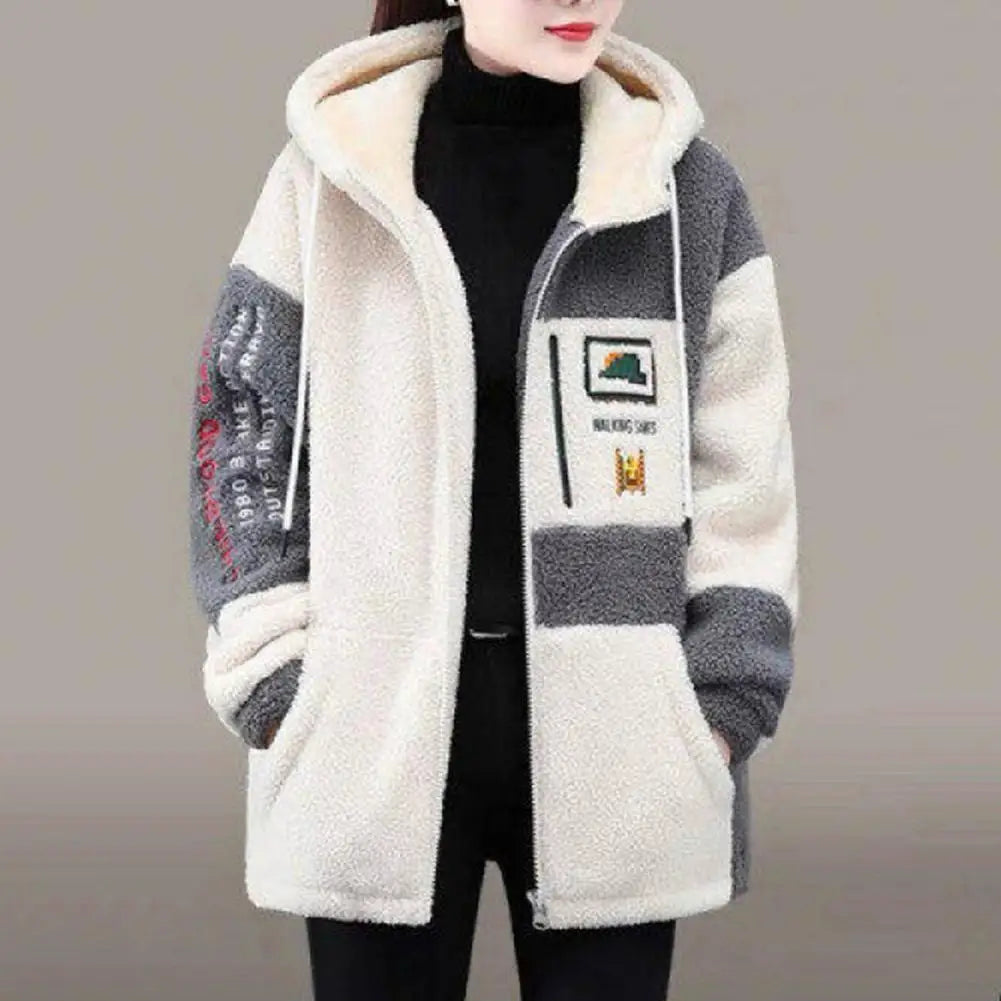 Women Autumn Winter Jacket Hooded Colorblock Thick Plush Long Sleeve Letter Embroidery Drawstring Cardigan Lady Mid Length Coat
