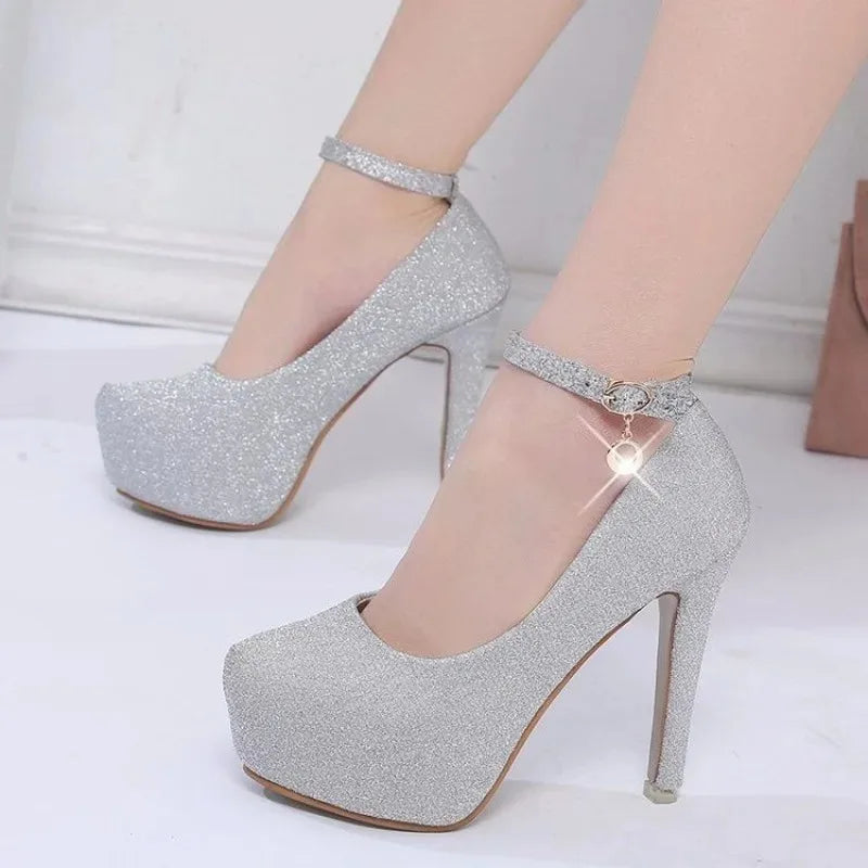 Fashion Wedding Shoes Women High Heels Pumps Bride Shoes Platform Super High Heel 12cm Black Silver Platform Shoes