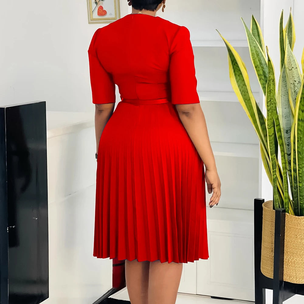Church Dresses for Women Elegant V Neck Half Sleeves Pleated A-Line Midi Dress Female Classy Modest African Summer Fashion Gowns