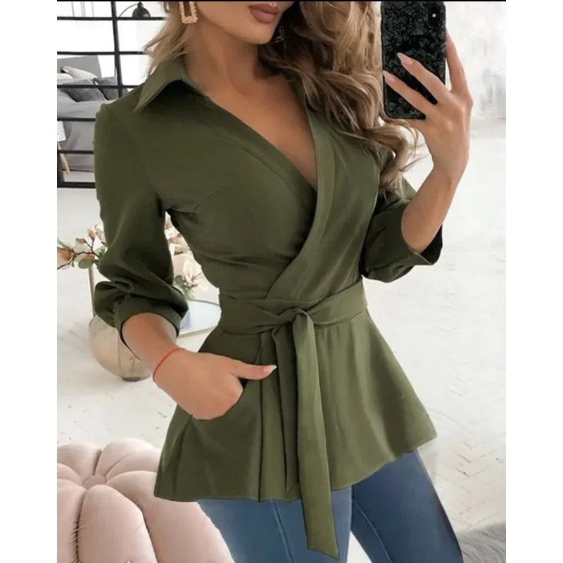 Plus Size Women's Spring/Summer Commuter Elegant Long Shirt Fashion Printed Shirt Long Sleeved Solid Color Lapel Belt Shirt