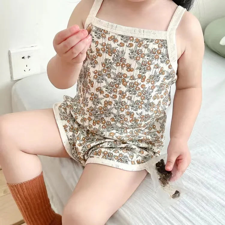 2024 Summer New Baby Sleeveless Tops And Tight Waist Shorts 2 Pieces Suit Girls Square Collar Clothing Set Kids Cotton Clothes
