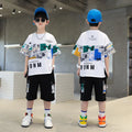 Summer Boys Cotton Alphabet Picture Printed T-Shirt Tops+Shorts Pant School Kids 2PCS Tracksuit Child Outfits Workout Set 3-16Yr