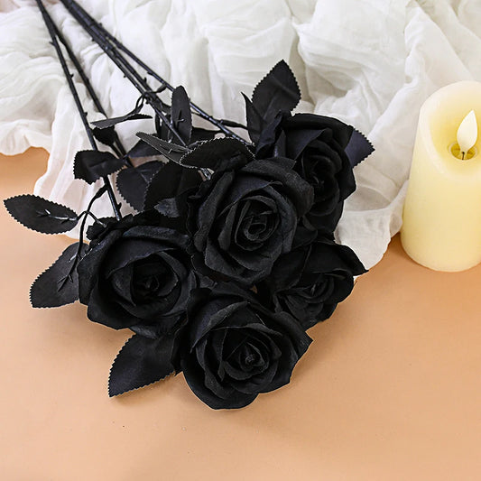5Pcs Silk Black Rose Artificial Flower Fake Flower Bouquet For Wedding Party Decoration Home Decoration Garden Accessories