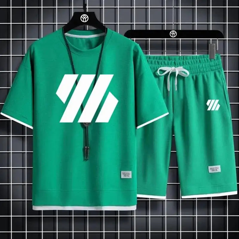 Mens Sports Suit Fashion Short Sleeve Tracksuit Men Suits Summer Men's Two Piece Set Linen Fabric Casual T-Shirt and Shorts Set