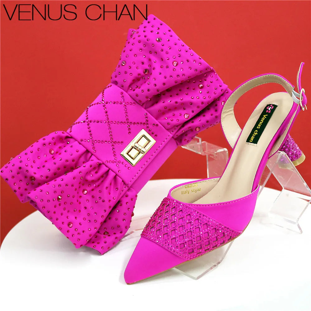 Latest Women Italian Shoes and Matching Bags Decorated with Rhinestone Elegant Pointed Toe Wedding Shoes Bride