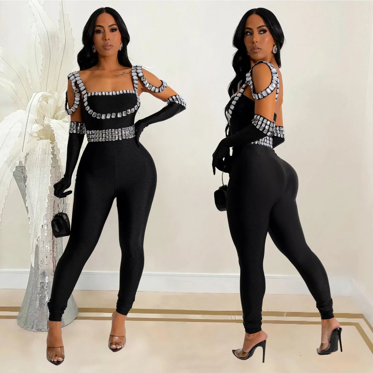 CM.YAYA Women Diamonds Hot Rhinestones Sexy Strap Long Sleeve Jumpsuits Streetwear Club One Piece Overall Rompers with Gloves