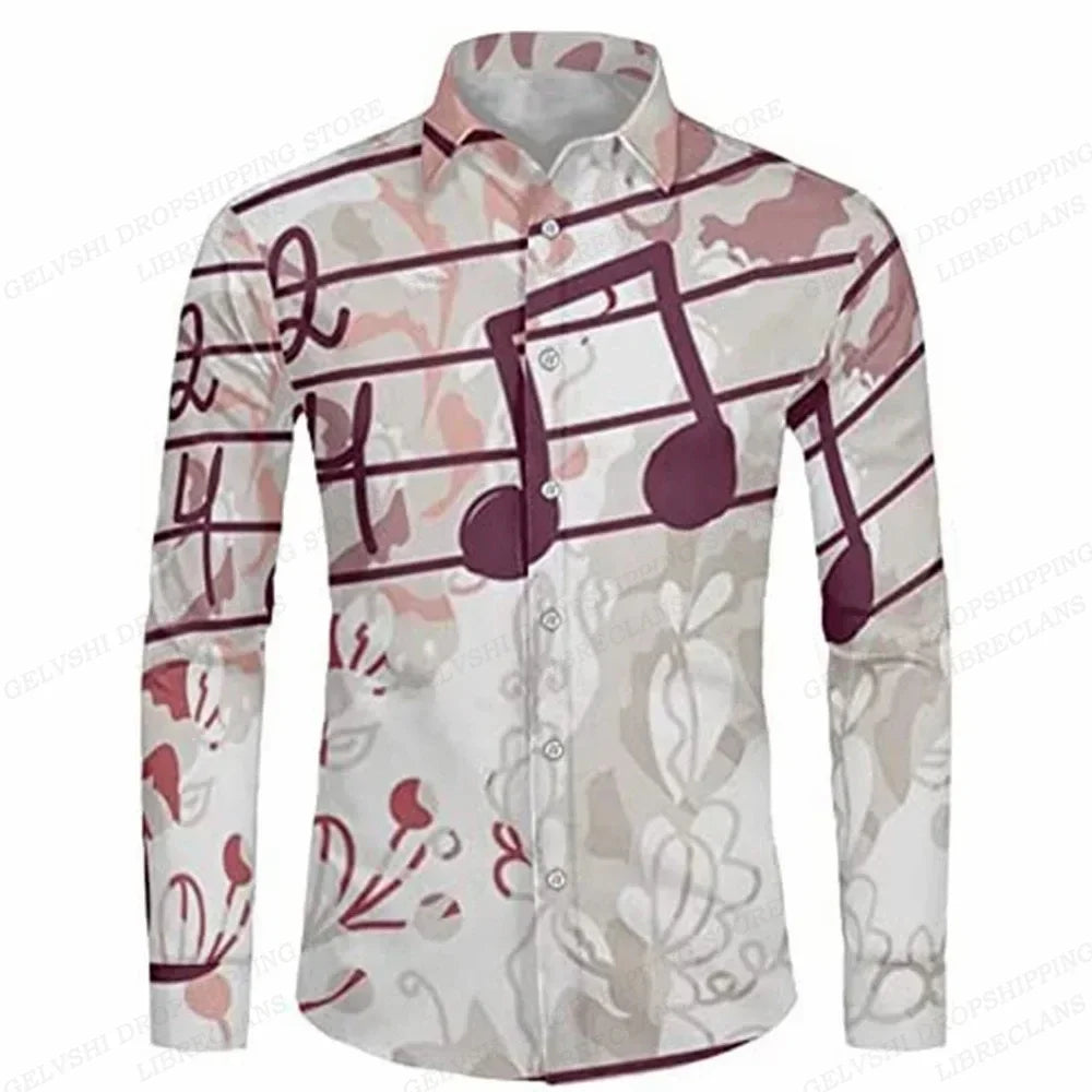 Long Sleeve Hawaiian Shirts Men Fashion Music Hawaii Shirt Instrument Beach Blouses Single Breasted Camisas Men's Clothing Aloha