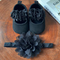2pcs Baby Girls Flat Shoes With Flower Decor Princess Crib Shoes First Walker Shoes & Headband For Newborn Infant