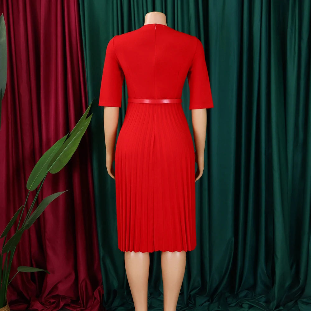 Church Dresses for Women Elegant V Neck Half Sleeves Pleated A-Line Midi Dress Female Classy Modest African Summer Fashion Gowns