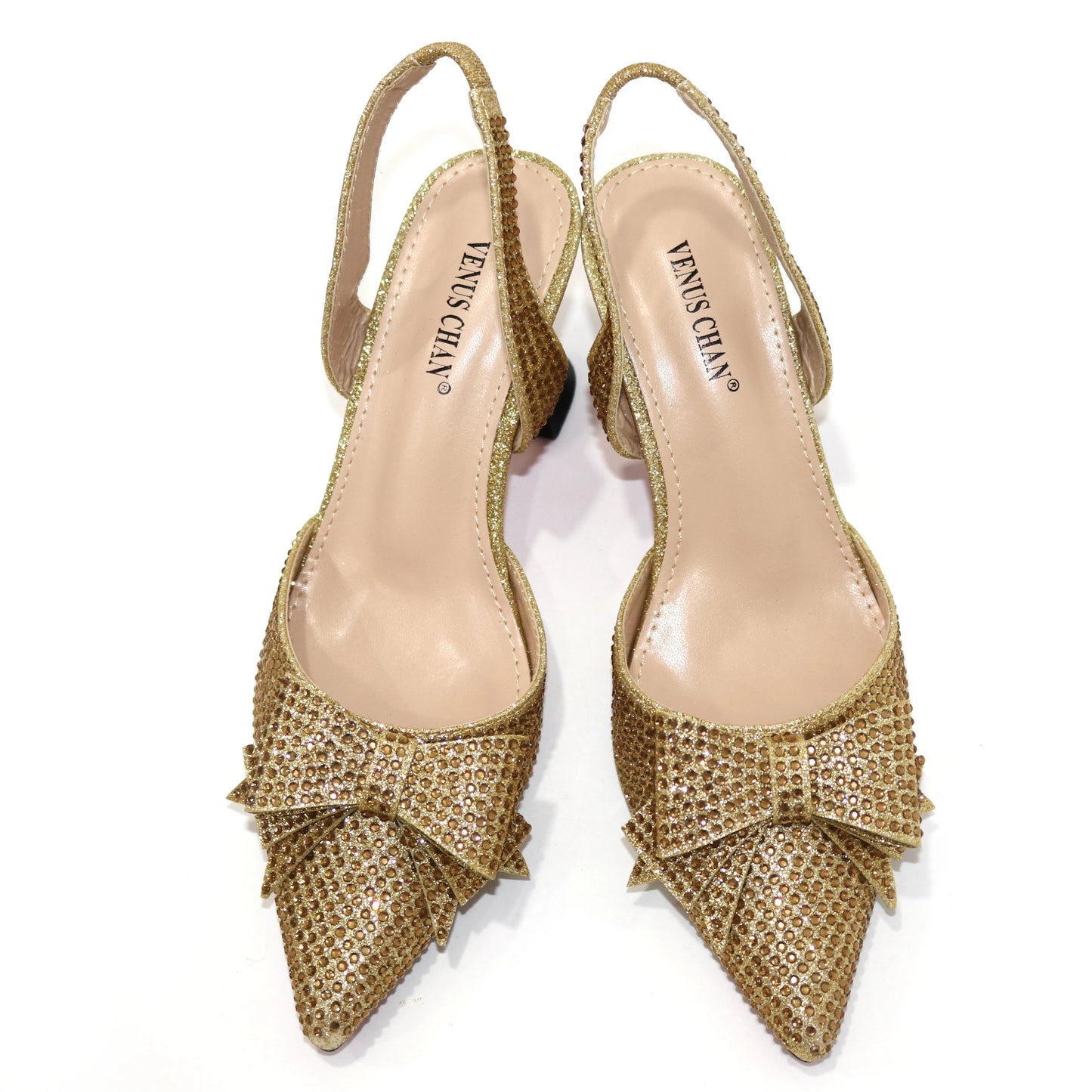 Venus Chan Bridal High Heels for Women 2023 Pointed Toe With Bows Gold Color Rhinestone  Elegant Party Wedding Shoe and Bag Set