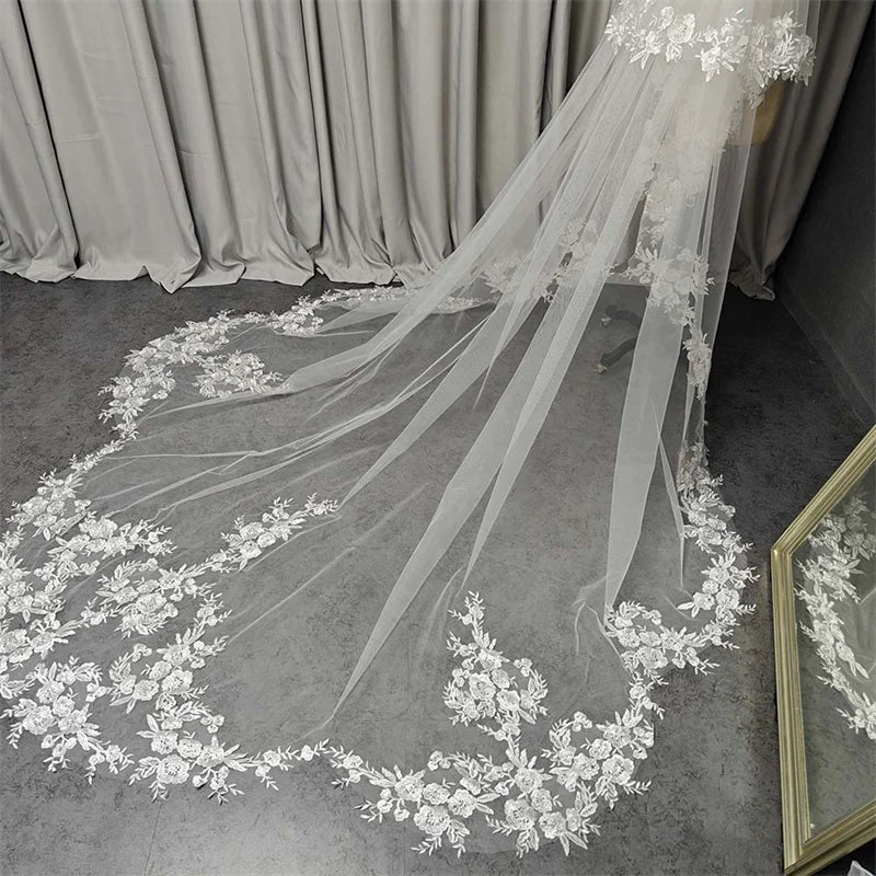 Wedding Veil with Shiny Sequins Lace Customized 2 Tiers 3 Meters Long Bridal Veil with Comb Real Photos Veil Wedding Accessories