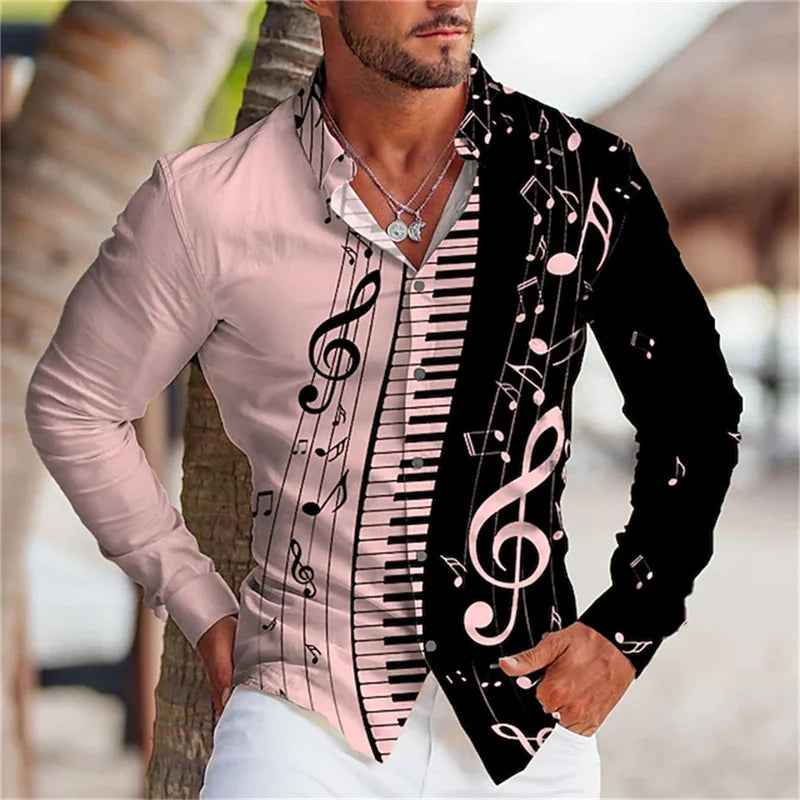 2023 Fashion Men's Shirt Music Note 3D Printing Lapel Button Top Long Sleeve Shirt Clothing   Comfortable  S-6XL