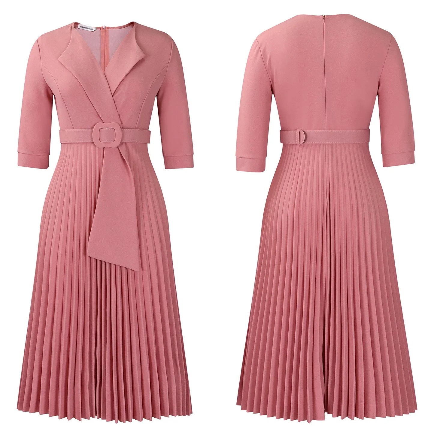 Elegant Office Ladies Dresses 2024 Autumn Fall Notched Collar Half Sleeve Belt Waisted Mid Calf Female Birthday Party Dress Midi