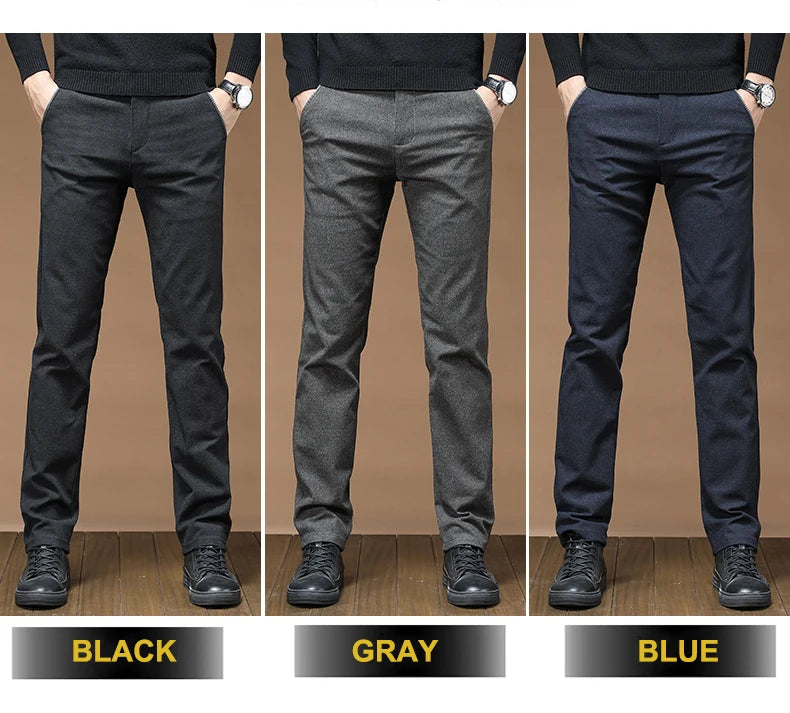 Winter Fashion Thermal Mens Casual Pants Fleece Lined Straight  Business Trousers Versatile Black Gray Blue Brand Trousers