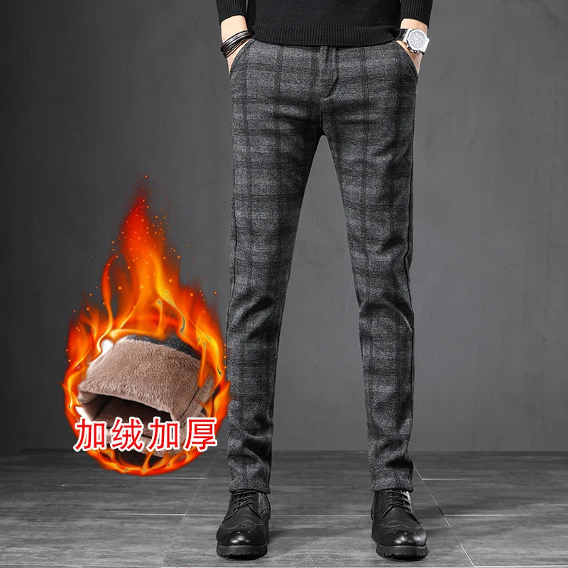 Winter Fleece Warm Pants Men England Plaid High Quality Business Slim Cotton Long Trousers Male Black Gray Pant Big Size 28-38