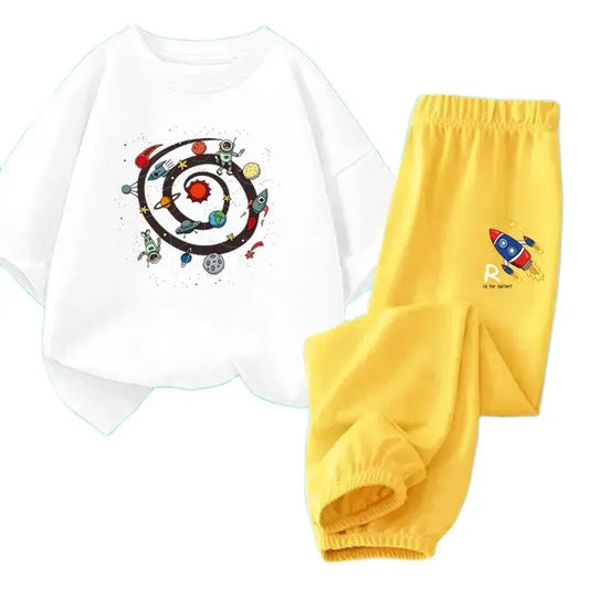 Boys Summer Clothes Set Kids Cartoon Space T shirts+Loose Harlan pants Suit 2PCS Pack Teens Sports Clothing Sets