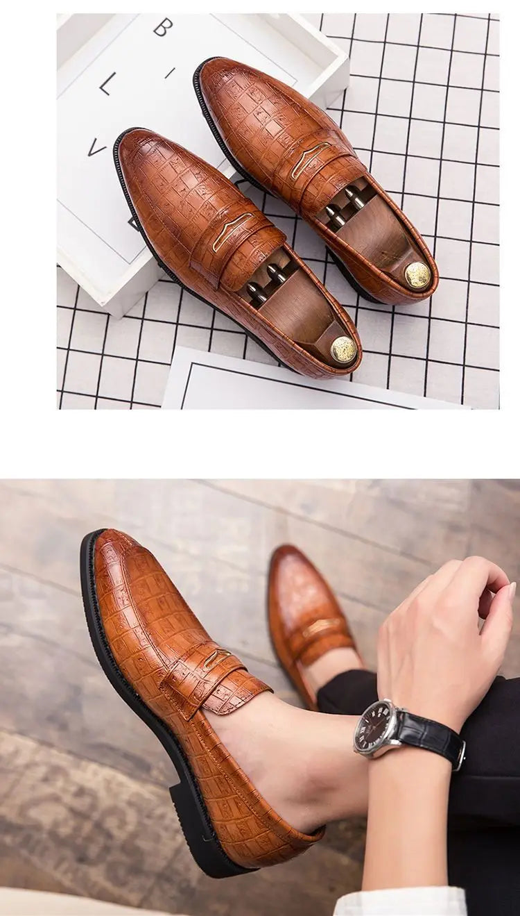 Crocodile Pattern Black Loafers for Men Pointed Toe Slip-On  Wedding Slip On Male Casual Oxford Shoes