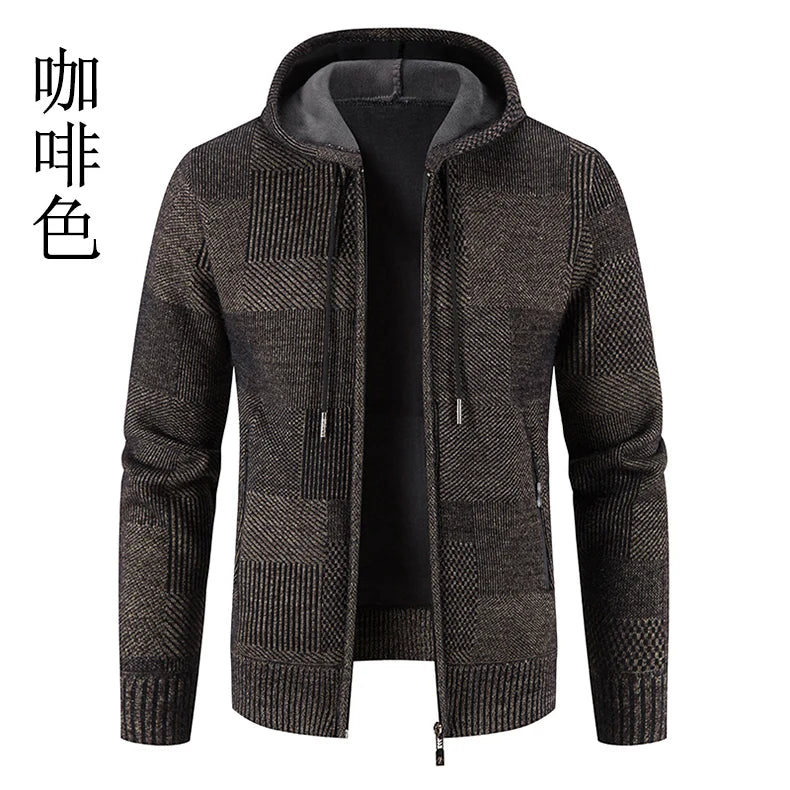 Men's Winter Sweater Jacket New Hooded Cardigan Knit Fashion Slim Fit Thick Warm Jumper Casual Zipper Hoodie Fleece Coat