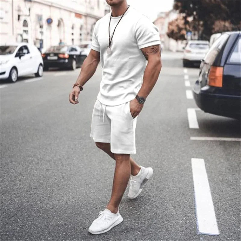 Solid Color Europe and The United States Men's 13 Color Summer New Short Sleeve Tshirt +Shorts 2pcs Set Leisure Sports Men Suit