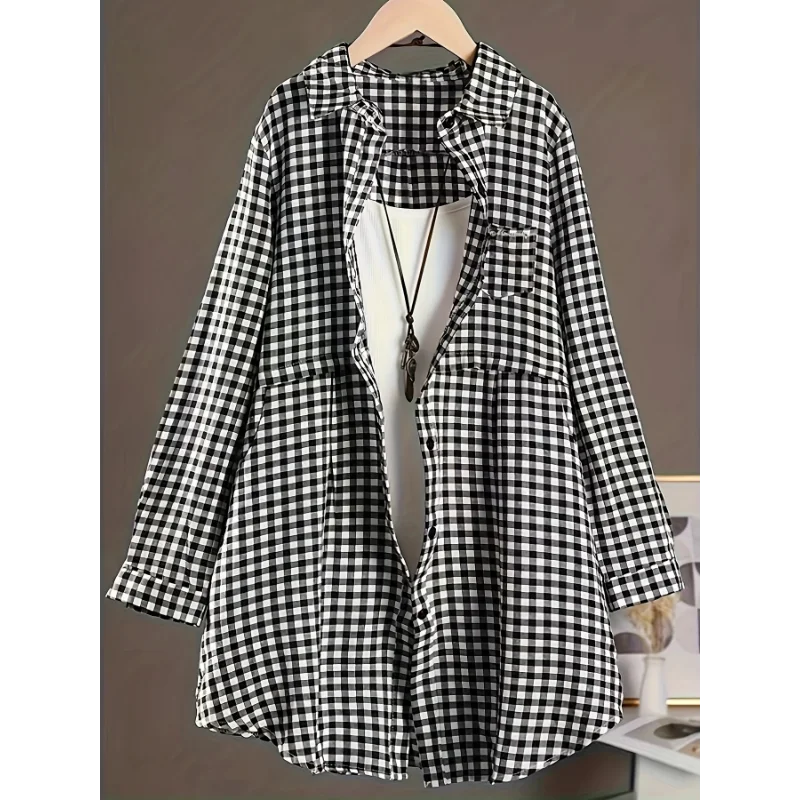 Plus Size New Korean Fashion Blouses Plaid Button Solid Midi Autumn Shirt Female All-match Loose Long Sleeve Polo-Neck Blouse