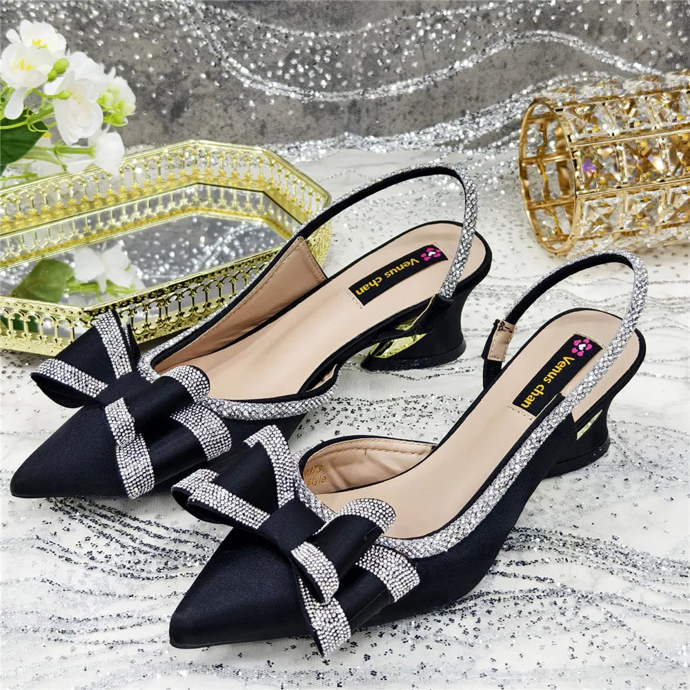 Med Heel Shoes for Women Hollowed Out Embroidery Rhinestone Italian Design Olive-green Color Pointed-Toe Shoes and Bags Set
