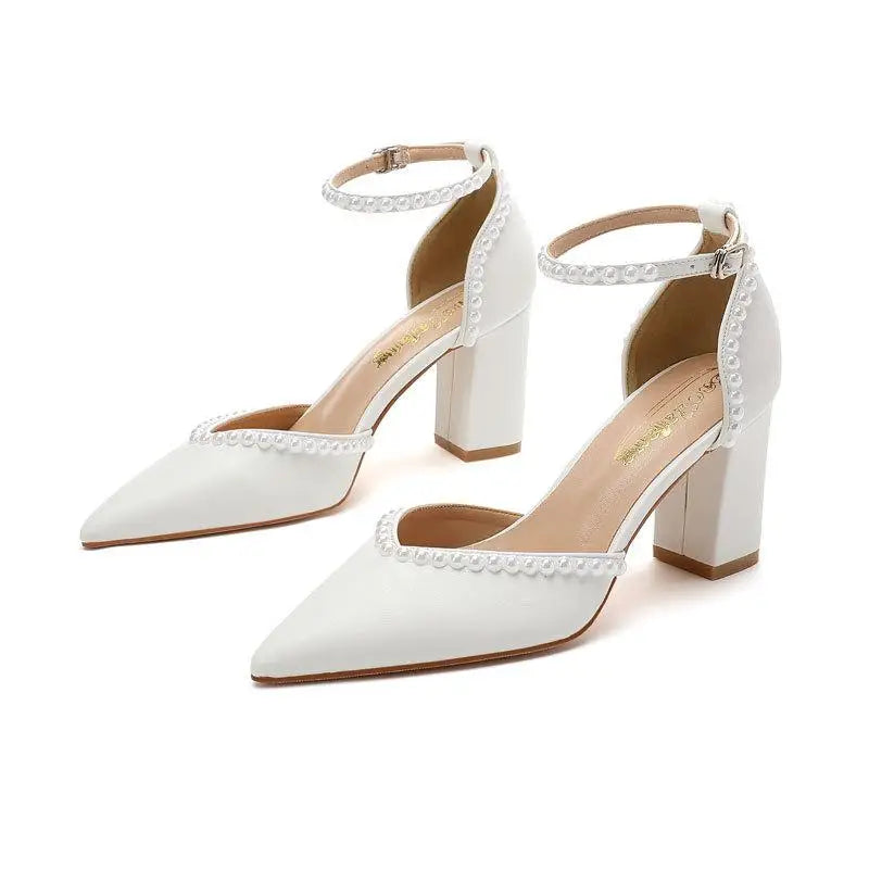 Size 34-48 Pointed Tie High Heels White Bridal Shoes Thick Heel Hollow Handmade Pearls Women's Wedding