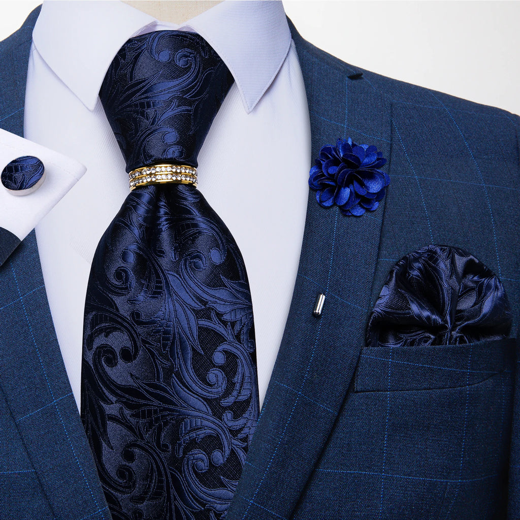 Men's Floral Red 8cm Ties Handkerchief Cufflinks Metal Ring Brooch Pin 5 Pcs Set Wedding Party Suits Accessory Gift for Husband