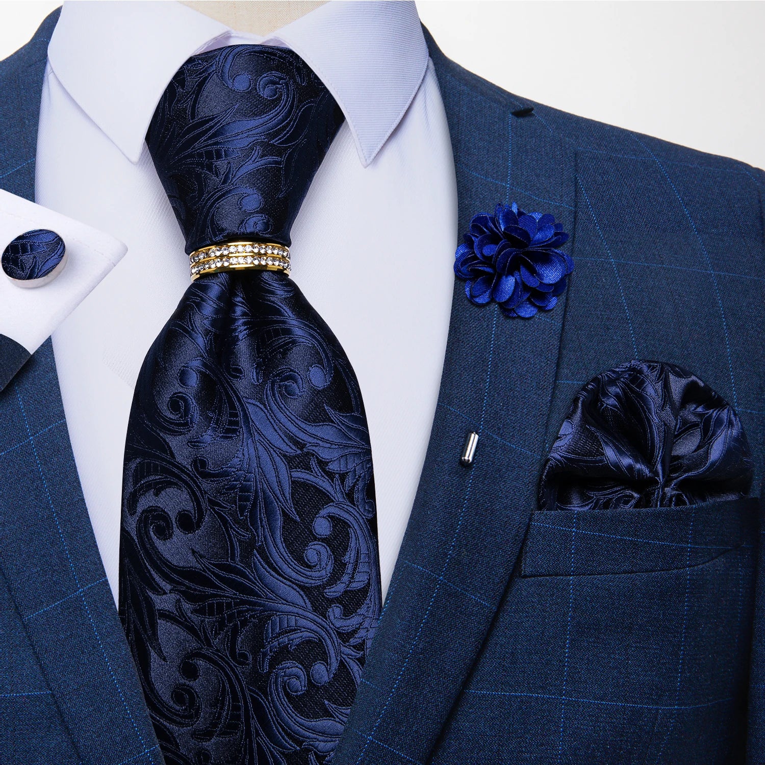 Men's Floral Red 8cm Ties Handkerchief Cufflinks Metal Ring Brooch Pin 5 Pcs Set Wedding Party Suits Accessory Gift for Husband