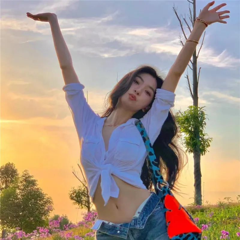 Candyhot Sweet Polo-neck Blouses Y2K Sexy Button Up Cardigan Long Sleeves Blouse Crop Tops Bandage Twist Knot Vest Women T Shirt