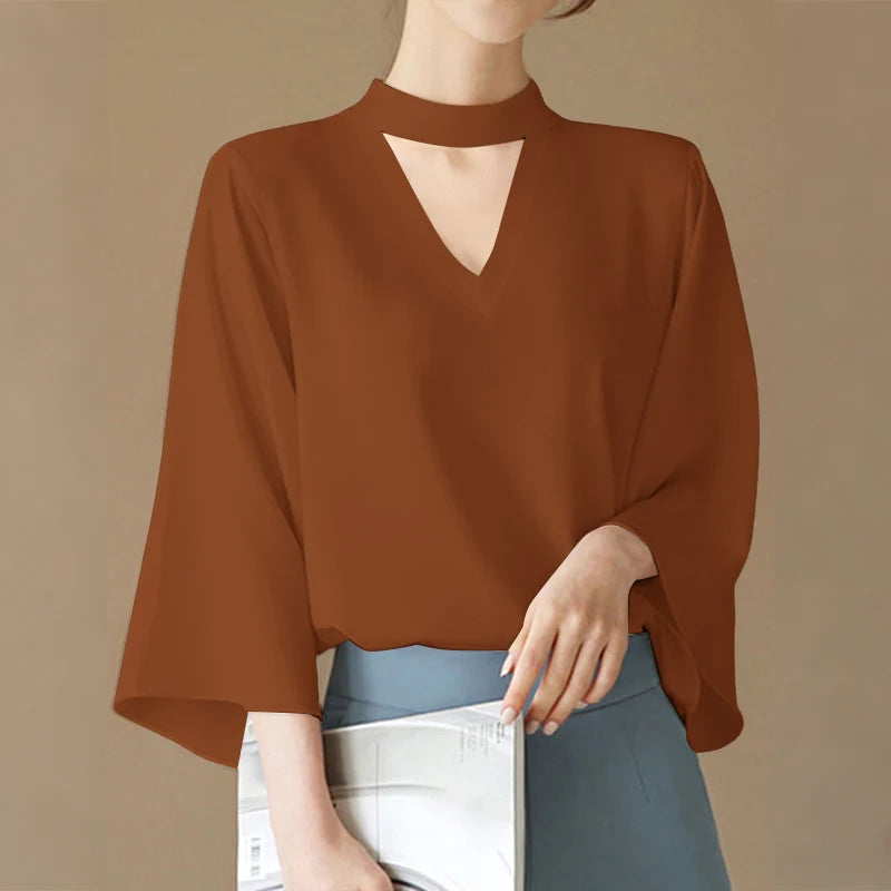 VONDA Plus Size Fashion Blouse Women Elegant OL Shirts Casual Hollow Out V Neck Solid Color Tunic Tops 3/4 Sleeve Blusas 5XL