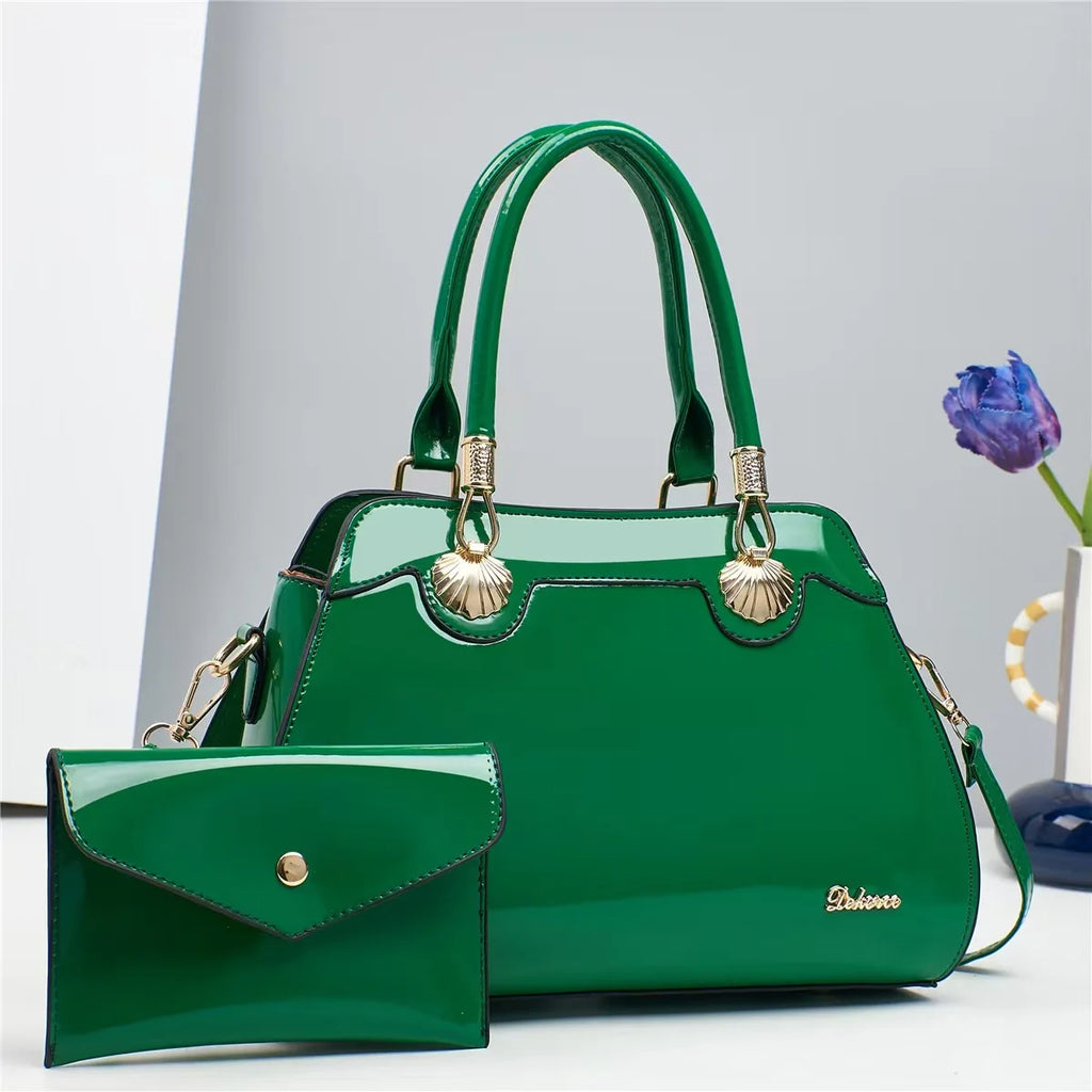 Bright Leather Top-handle Bag For Women Large Capacity Shoulder Bag with Clutch Handbag Purse, Female Shopping Messenger Tote