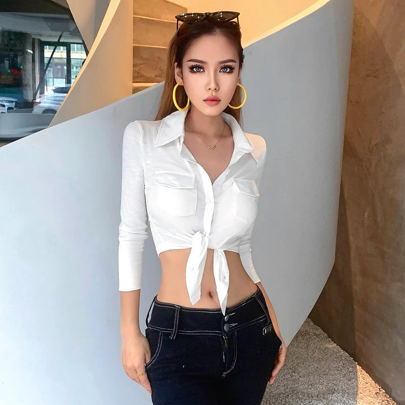 Candyhot Sweet Polo-neck Blouses Y2K Sexy Button Up Cardigan Long Sleeves Blouse Crop Tops Bandage Twist Knot Vest Women T Shirt