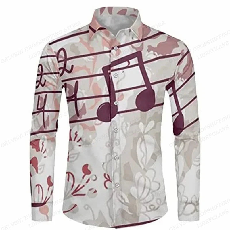 Long Sleeve Hawaiian Shirts Men Fashion Music Hawaii Shirt Instrument Beach Blouses Single Breasted Camisas Men's Clothing Aloha