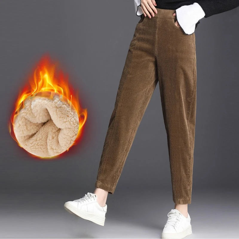 Corduroy Pants Women Winter Plush Lined Wide Leg Relaxed Fit Fleece Insulated Ribbed Trousers Vintage Street Style Leggings