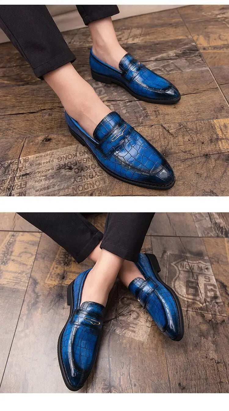 Men's Crocodile Pattern Black Loafers – Pointed Toe Slip-On Wedding Oxford